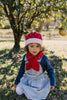 Strawberry Beanie and Cross Over Scarf – kids hand-knitted red and white beanie and scarf with strawberry design in soft wool blend – shown on child - front view - Acorn Kids