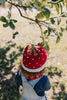 Strawberry Beanie – kids hand-knitted beanie with strawberry, flower, and leaf design in soft wool blend shown on child - back view – Acorn Kids