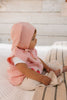 Bunny Beanie Pink – baby and toddler cotton beanie with floppy bunny ears and tie straps on baby side view – Acorn Kids
