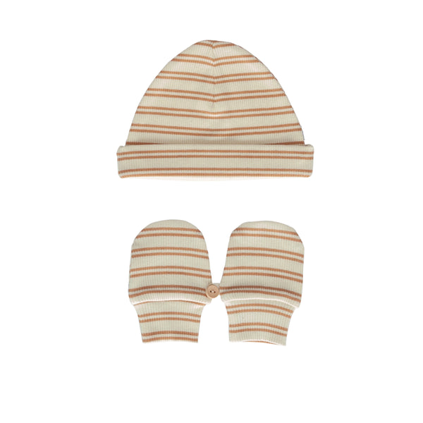 Henley Beanie & Mittens Set Cream & Biscuit Stripe – baby organic cotton beanie and mitten gift set – Acorn Kids