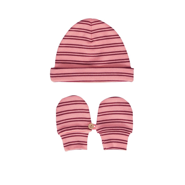 Henley Beanie & Mittens Set Pink Stripe – baby organic cotton beanie and mitten gift set – Acorn Kids