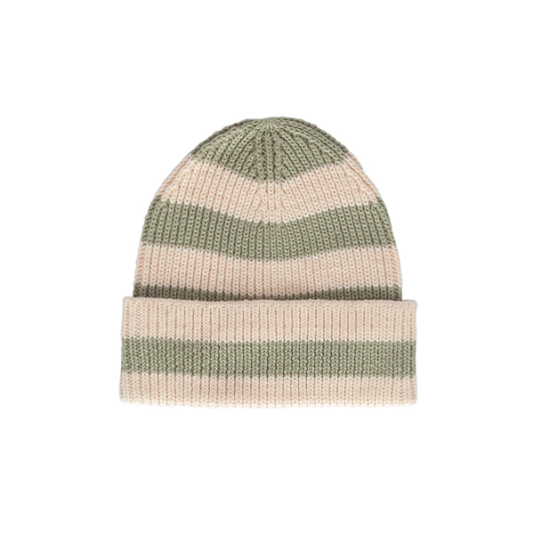 Tokyo Merino Beanie Sage Stripe – kids knitted merino wool beanie with fisherman rib and stripe design – Acorn Kids