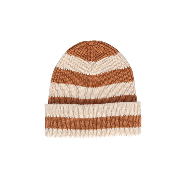 Tokyo Merino Beanie Caramel Stripe – kids knitted merino wool beanie with fisherman rib and stripe design – Acorn Kids