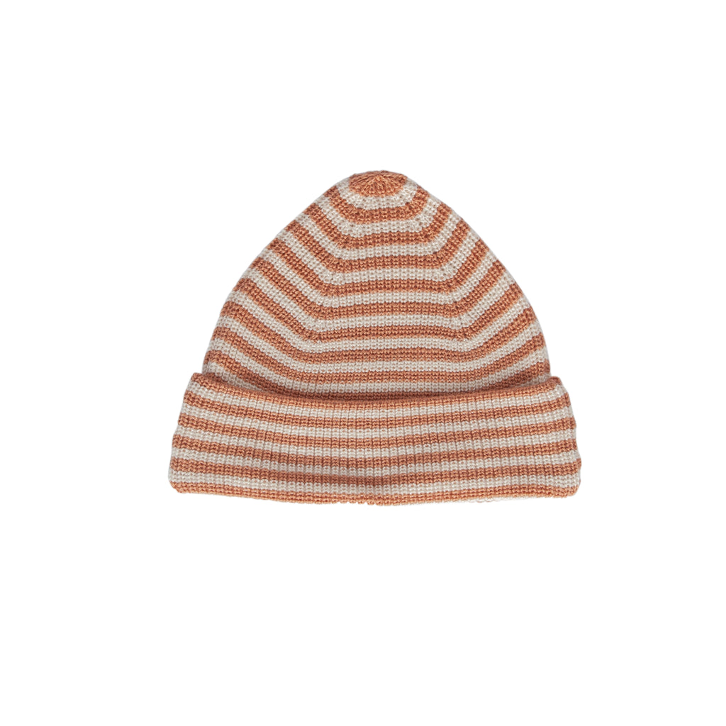 Berlin Merino Beanie Biscuit & Cream Stripe - kids knitted merino wool striped beanie with pointed top – Acorn Kids