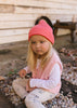 Berlin Merino Beanie Red & Pink Stripe on child front view – kids knitted merino wool striped beanie with pointed top – Acorn Kids