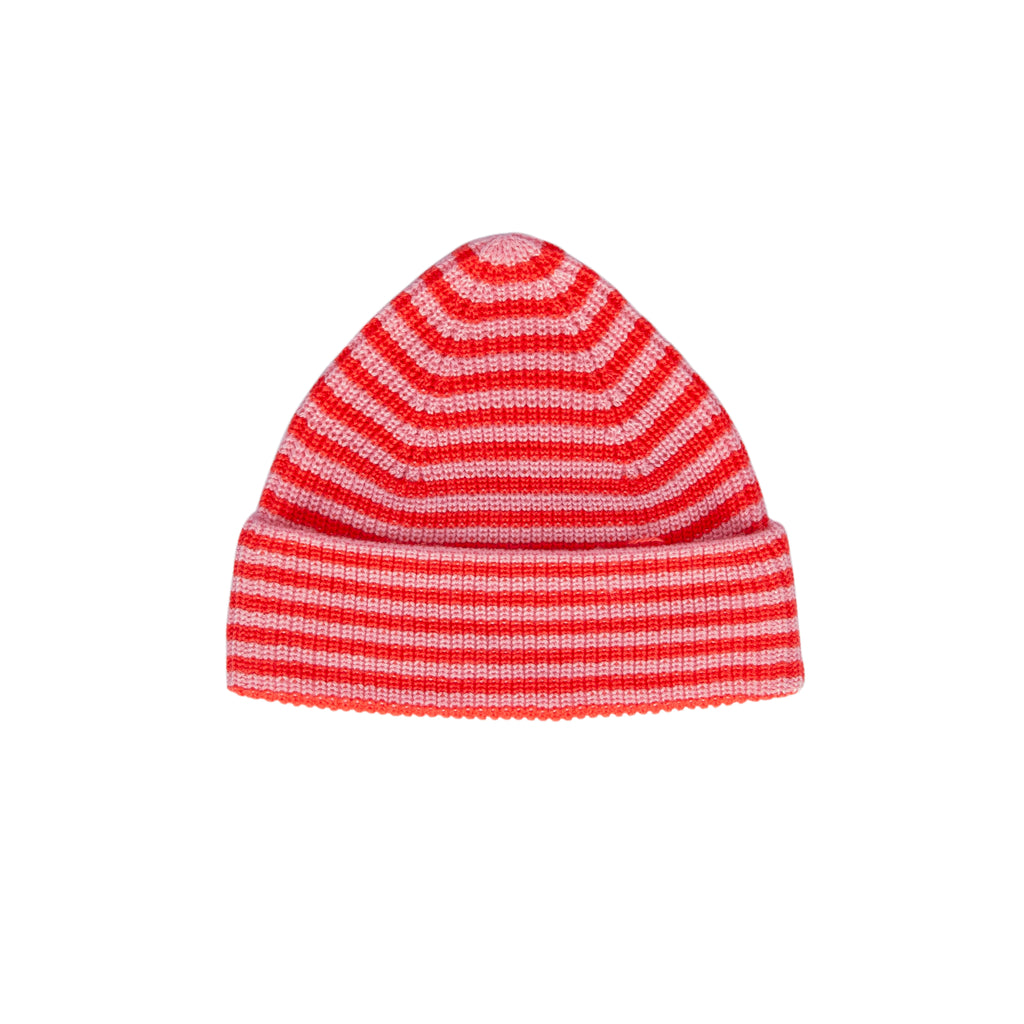 Berlin Merino Beanie Red & Pink Stripe – kids knitted merino wool striped beanie with pointed top – Acorn Kids