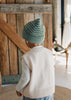 Berlin Merino Beanie Green & Blue Stripe on child back view – kids knitted merino wool striped beanie with pointed top – Acorn Kids