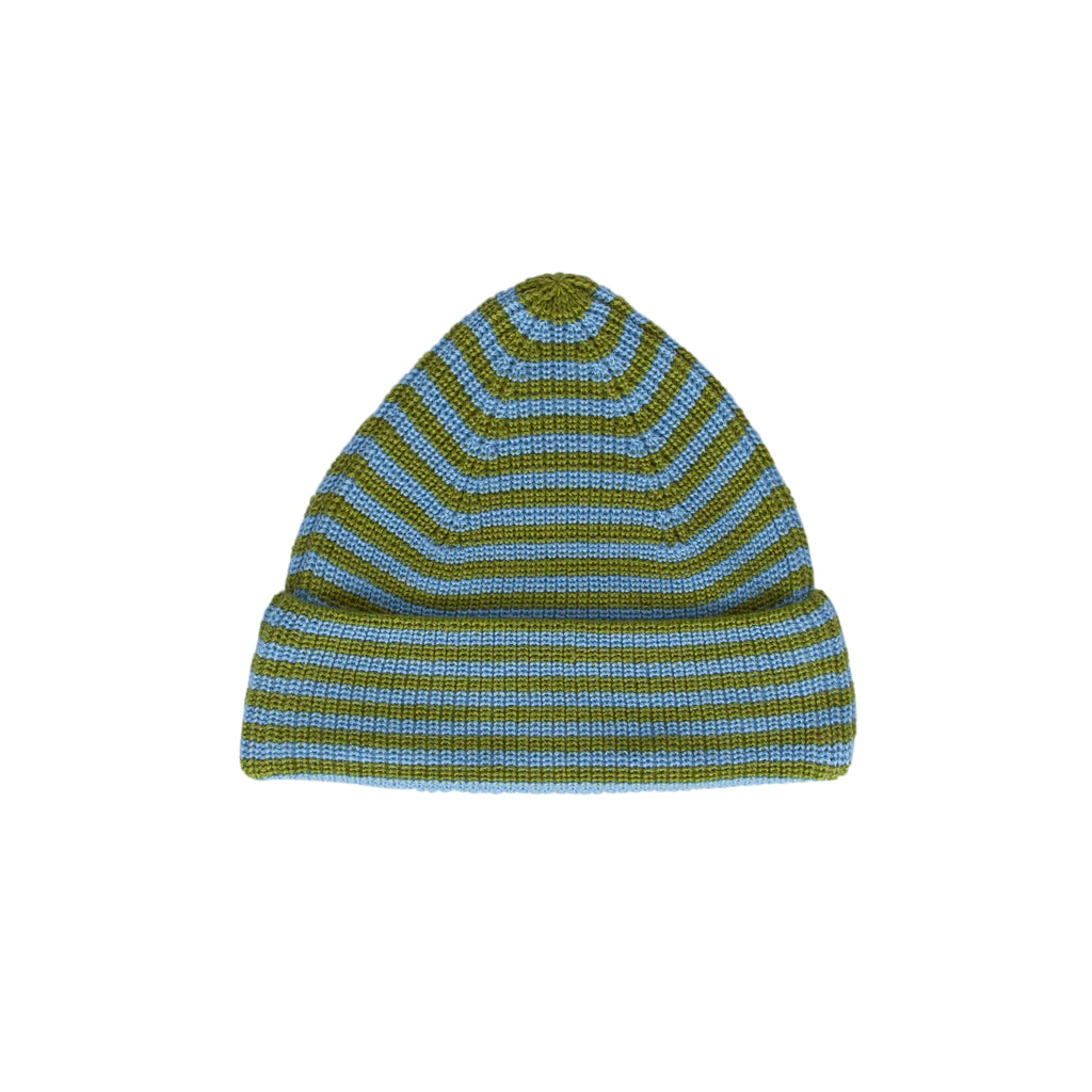 Berlin Merino Beanie Green & Blue Stripe – kids knitted merino wool striped beanie with pointed top – Acorn Kids