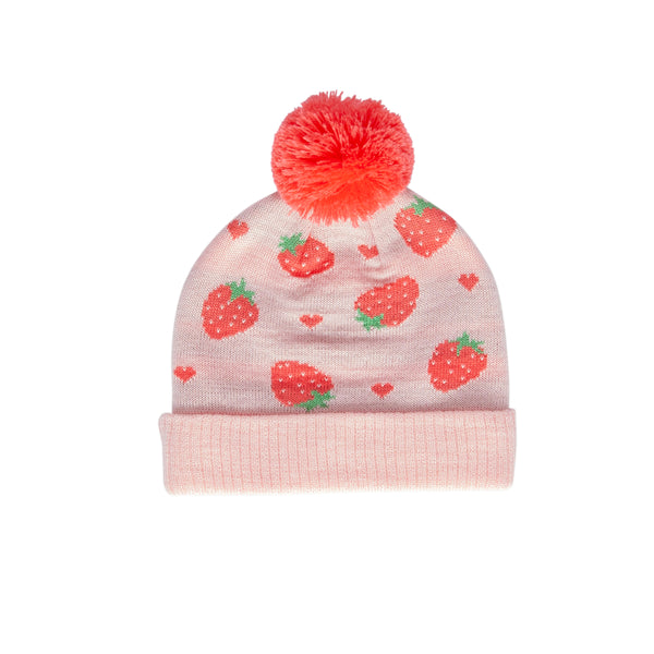 Strawberry Fields Merino Beanie – kids knitted merino wool beanie with strawberry design and pom pom – Acorn Kids