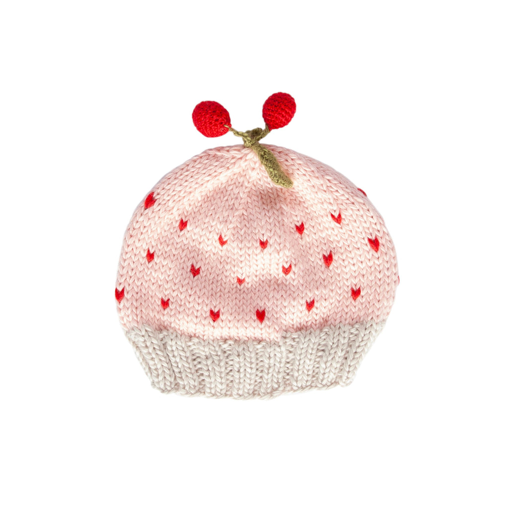 Cherry Beanie – kids hand-knitted pink beanie with crochet cherry and soft wool blend – Acorn Kids