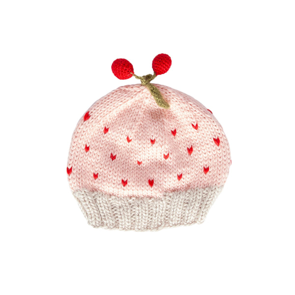 Cherry Beanie – kids hand-knitted pink beanie with crochet cherry and soft wool blend – Acorn Kids
