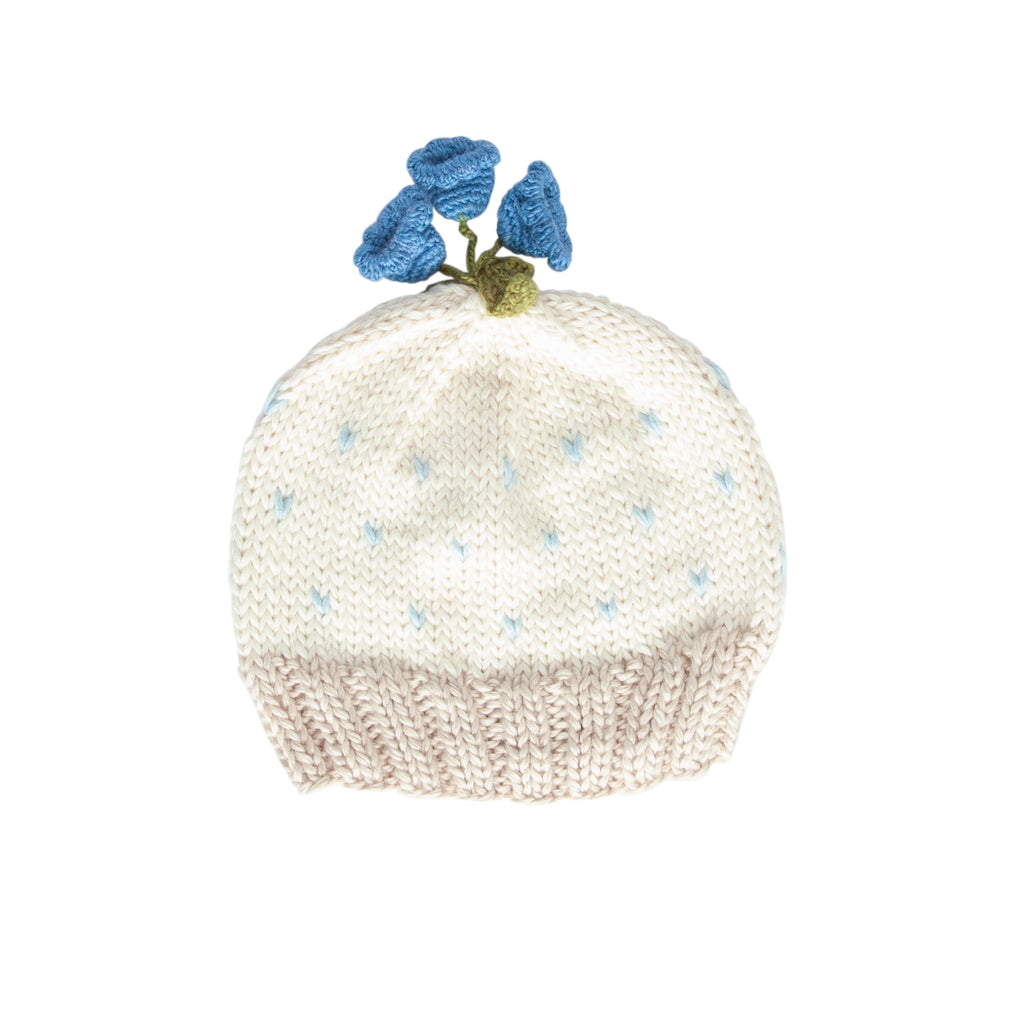 Bluebell Beanie Cream & Blue – kids hand-knitted beanie with crochet flower bluebell on top in soft wool blend – Acorn Kids