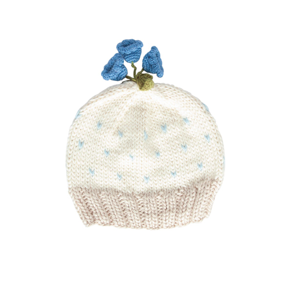 Bluebell Beanie Cream & Blue – kids hand-knitted beanie with crochet flower bluebell on top in soft wool blend – Acorn Kids