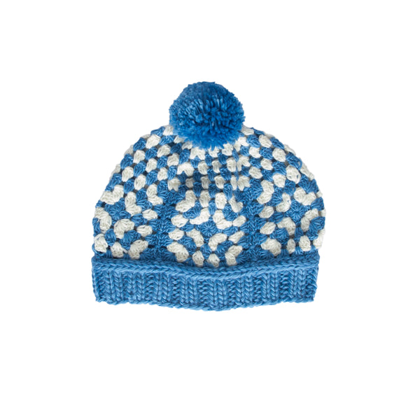 Boho Beanie Blue – kids hand-crocheted beanie with two-tone granny square pattern and pom pom – Acorn Kids