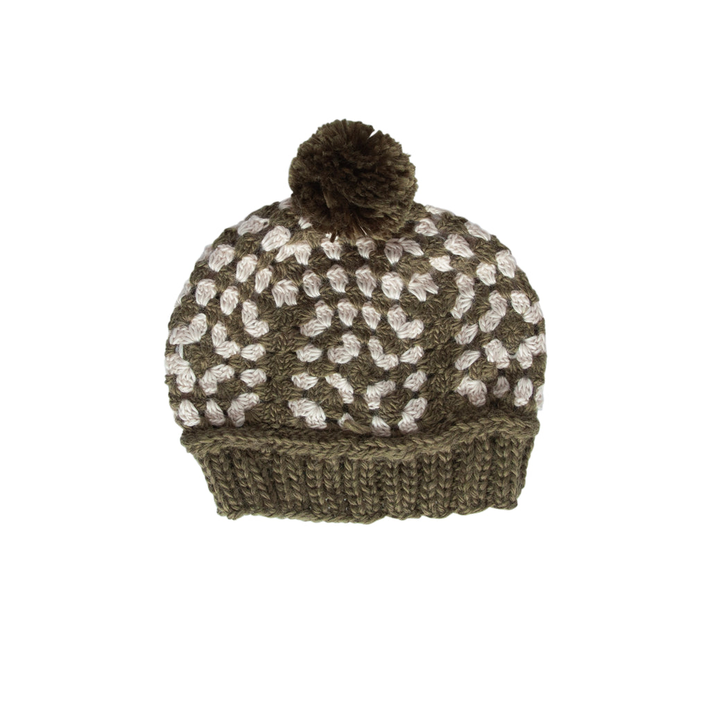 Boho Beanie Khaki – kids hand-crocheted beanie with two-tone granny square pattern and pom pom – Acorn Kids