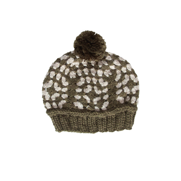 Boho Beanie Khaki – kids hand-crocheted beanie with two-tone granny square pattern and pom pom – Acorn Kids