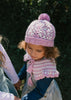 Boho Beanie and Collar Pink on child top view – kids hand-crocheted beanie and collar scarf with retro stripes and scalloped edge – Acorn Kids