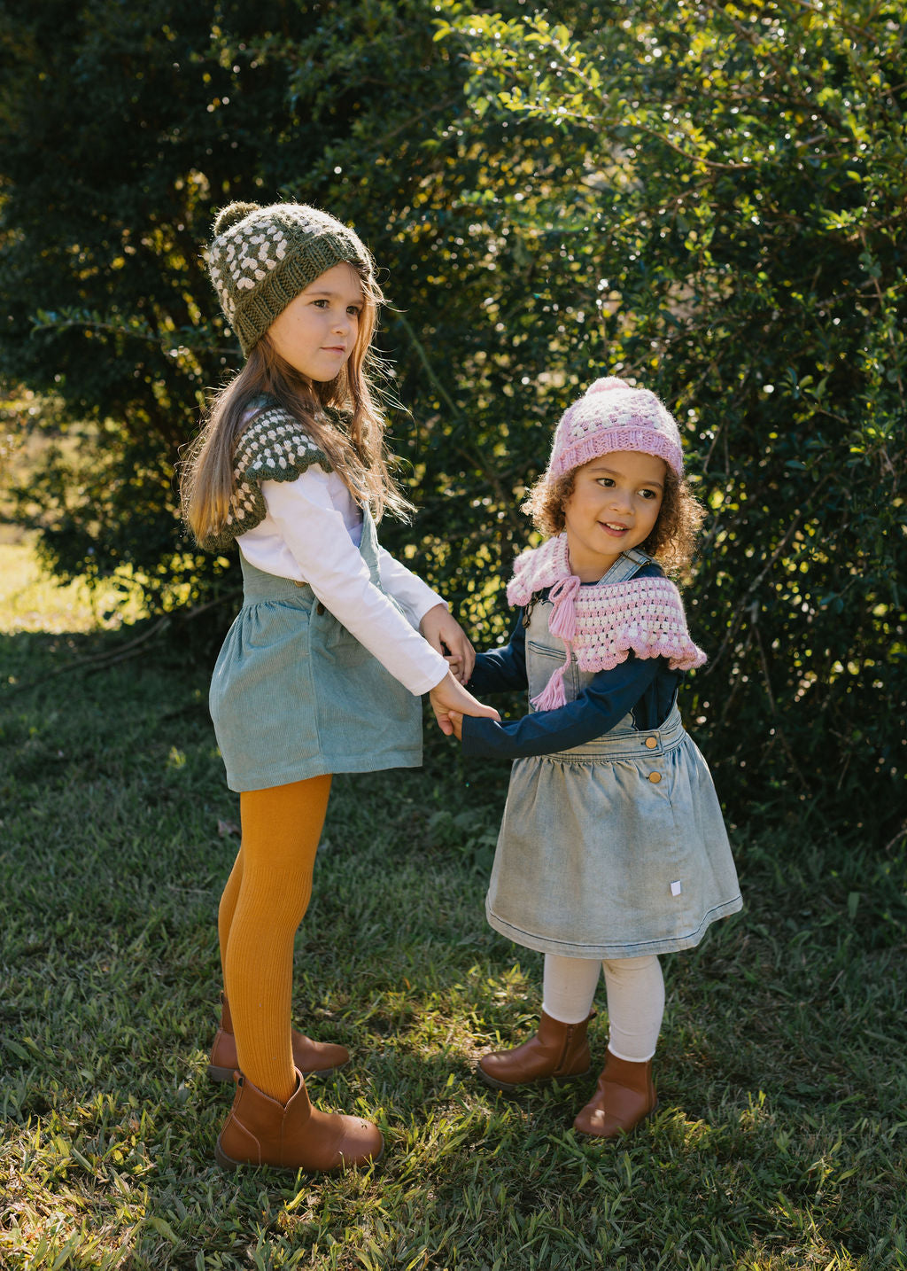 Boho Beanie Pink on child – kids hand-crocheted beanie with two-tone granny square pattern and pom pom – Acorn Kids