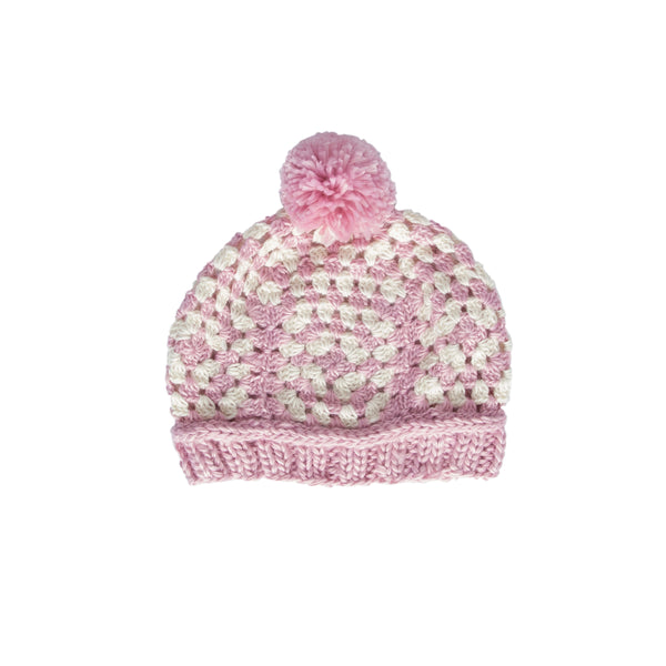 Boho Beanie Pink – kids hand-crocheted beanie with two-tone granny square pattern and pom pom – Acorn Kids