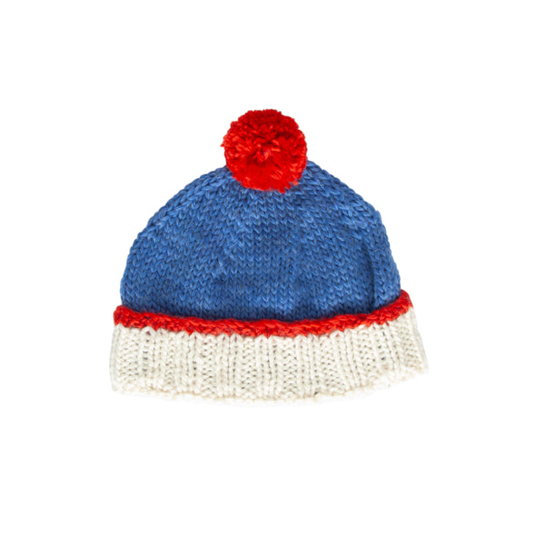 Teddy Beanie Blue & Red – kids hand-knitted beanie with pom pom and contrast trim in soft wool blend – Acorn Kids