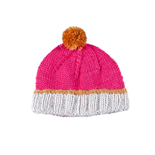 Teddy Beanie Fuchsia & Caramel – kids hand-knitted beanie with pom pom and contrast trim in soft wool blend – Acorn Kids