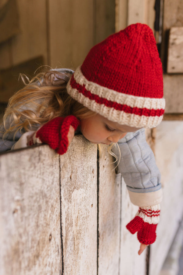 Denmark Beanie and mittens Red & Cream side view – kids hand-knitted striped beanie with pointed top in soft wool blend – Acorn Kids