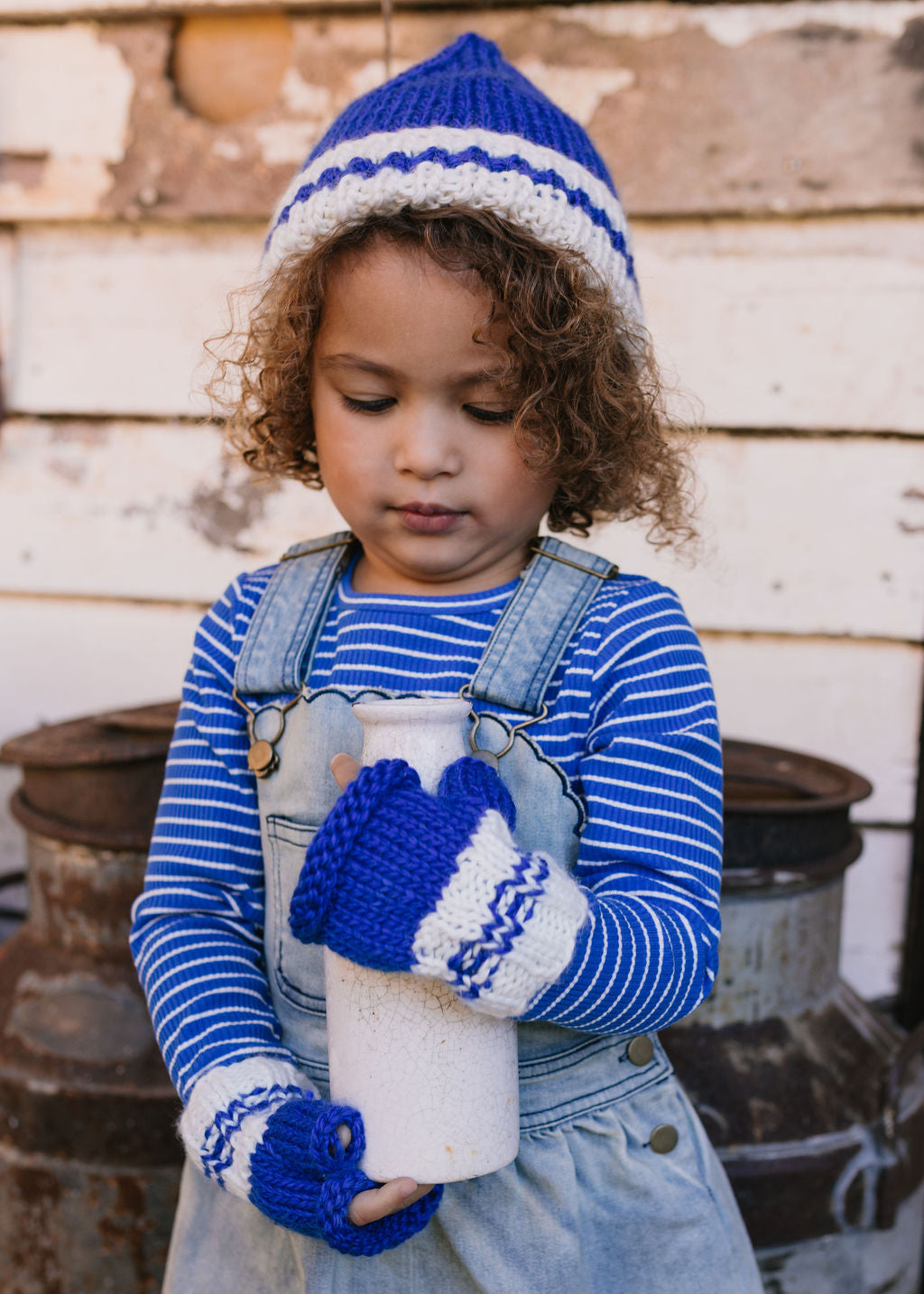 Denmark Beanie Blue & Cream – kids hand-knitted striped beanie with pointed top in soft wool blend – Acorn Kids
