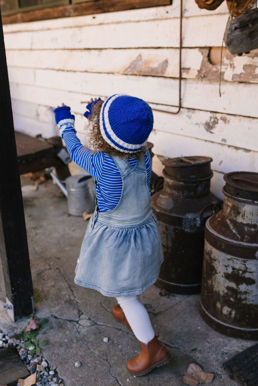 Denmark Beanie Khaki & Cream back view – kids striped knit beanie with pointed crown – Acorn Kids