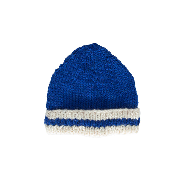 Denmark Beanie Blue & Cream – kids hand-knitted striped beanie with pointed top in soft wool blend – Acorn Kids
