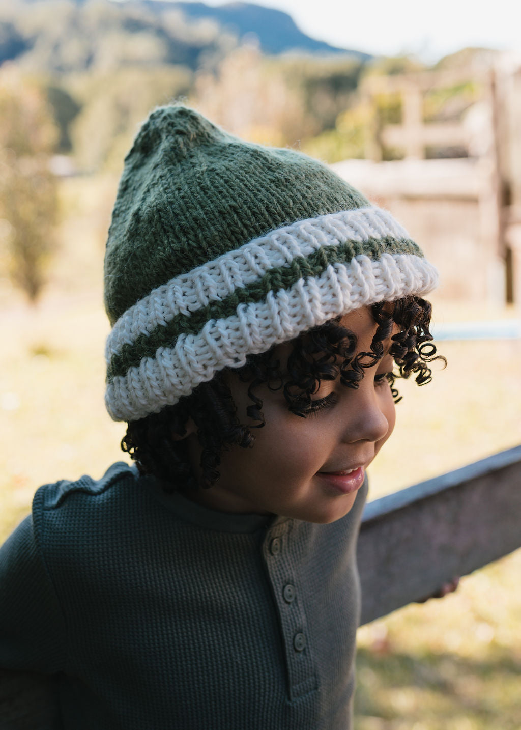 Denmark Beanie Khaki & Cream front view – kids striped knit beanie with pointed crown – Acorn Kids