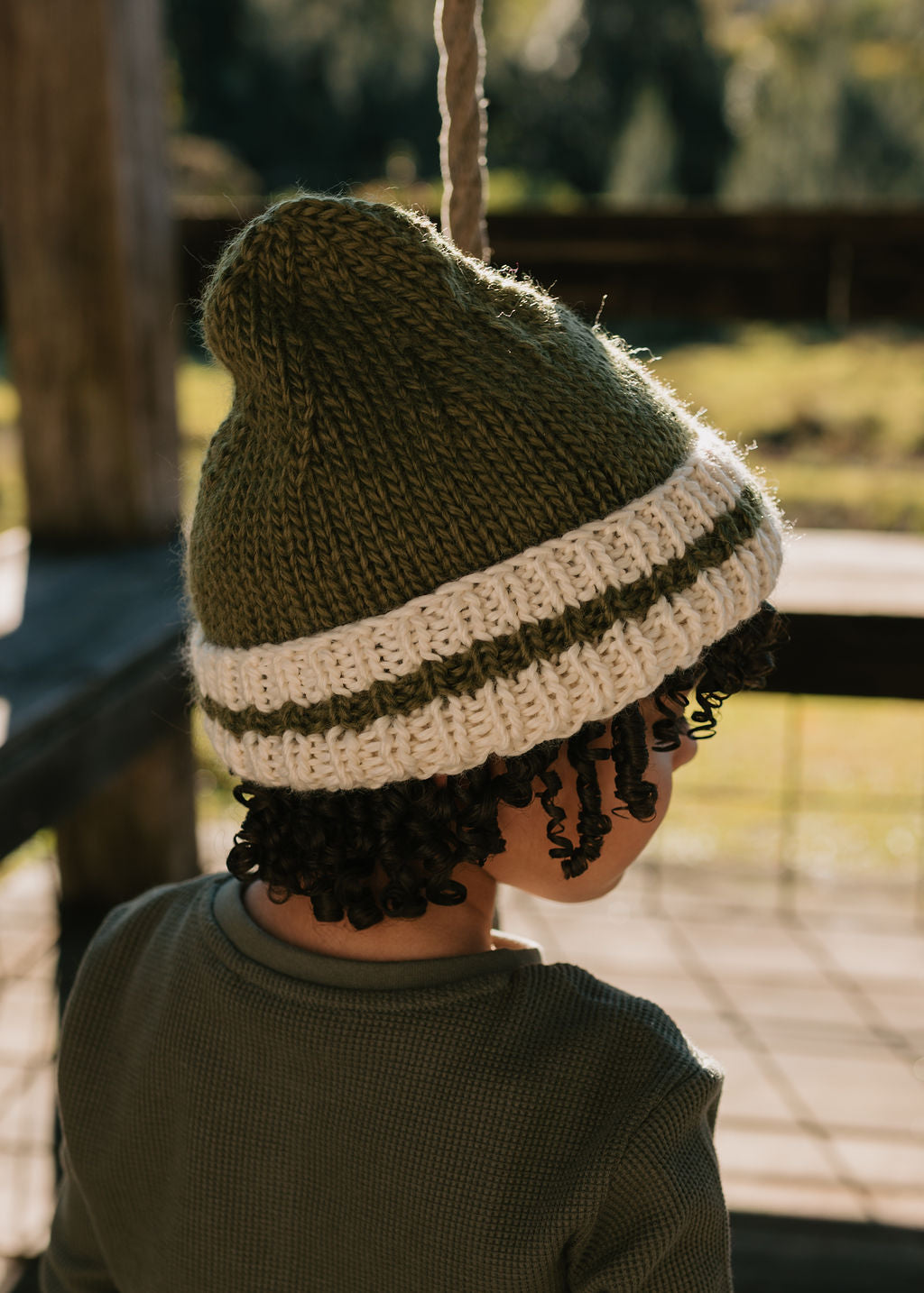 Denmark Beanie Khaki & Cream back view – kids striped knit beanie with pointed crown – Acorn Kids