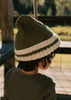 Denmark Beanie Khaki & Cream back view – kids striped knit beanie with pointed crown – Acorn Kids