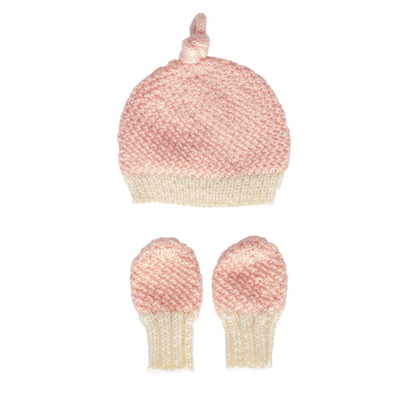 Springbud Merino Beanie & Mitten Set pink – newborn hand-knitted merino wool beanie and mittens with moss stitch – Acorn Kids