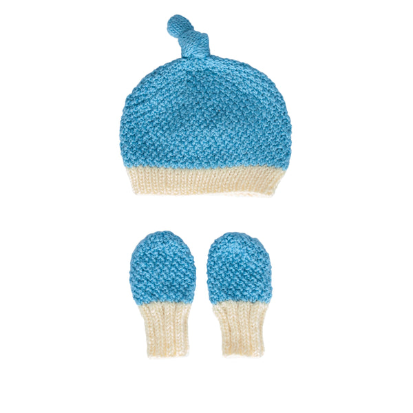 Springbud Merino Beanie & Mitten Set blue – newborn hand-knitted merino wool beanie and mittens with moss stitch – Acorn Kids