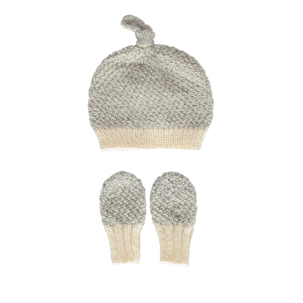 Springbud Merino Beanie & Mitten Set Cloud Marle – newborn hand-knitted merino wool beanie and mittens with moss stitch – Acorn Kids