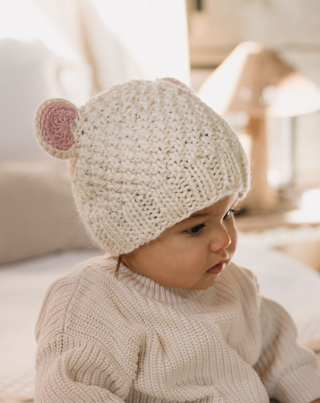 Bear Beanie Cream – kids knitted beanie with cute bear face in soft wool blend – Acorn Kids