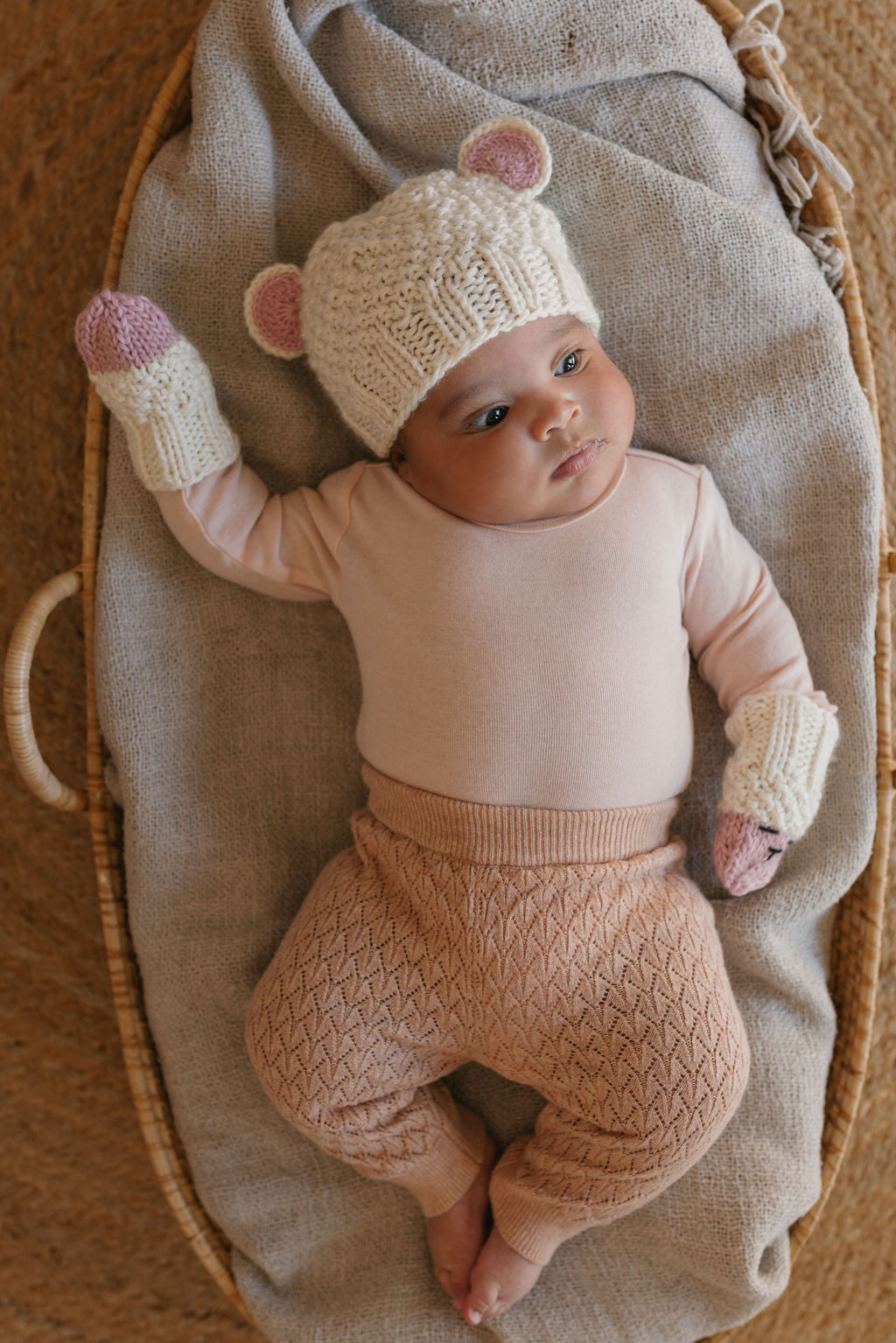 Bear Beanie and Infant Mittens Cream – kids knitted beanie with cute bear face in soft wool blend – Acorn Kids