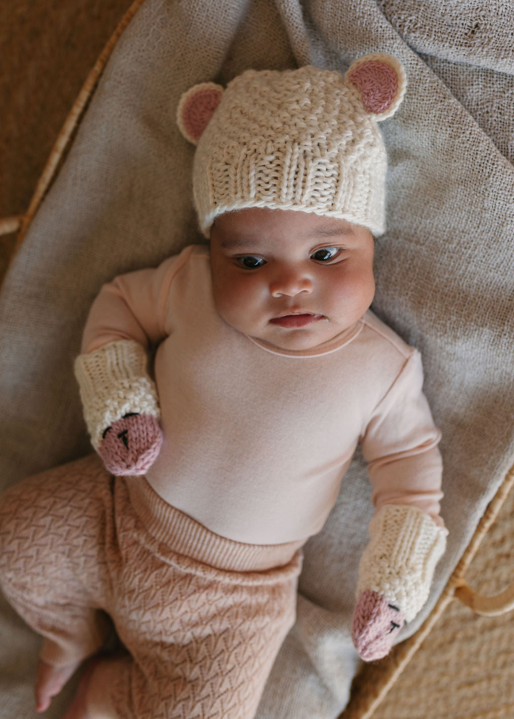 Bear Beanie and Infant Mittens Cream – kids knitted beanie with cute bear face in soft wool blend – Acorn Kids