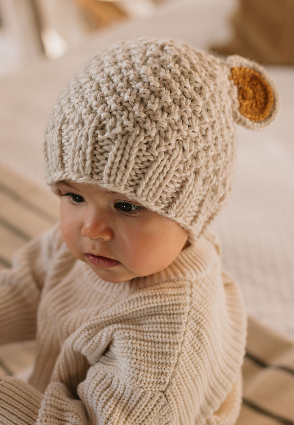 Bear Beanie Oatmeal – kids knitted beanie with cute bear face in soft wool blend – Acorn Kids