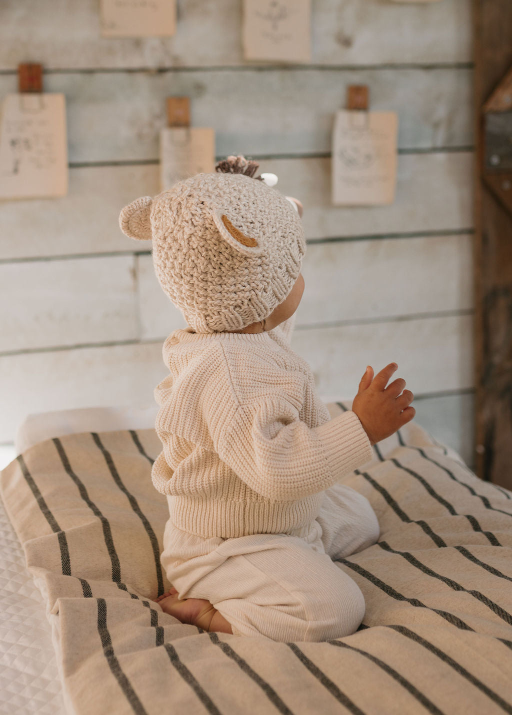 Bear Beanie Oatmeal – kids knitted beanie with cute bear face in soft wool blend – Acorn Kids