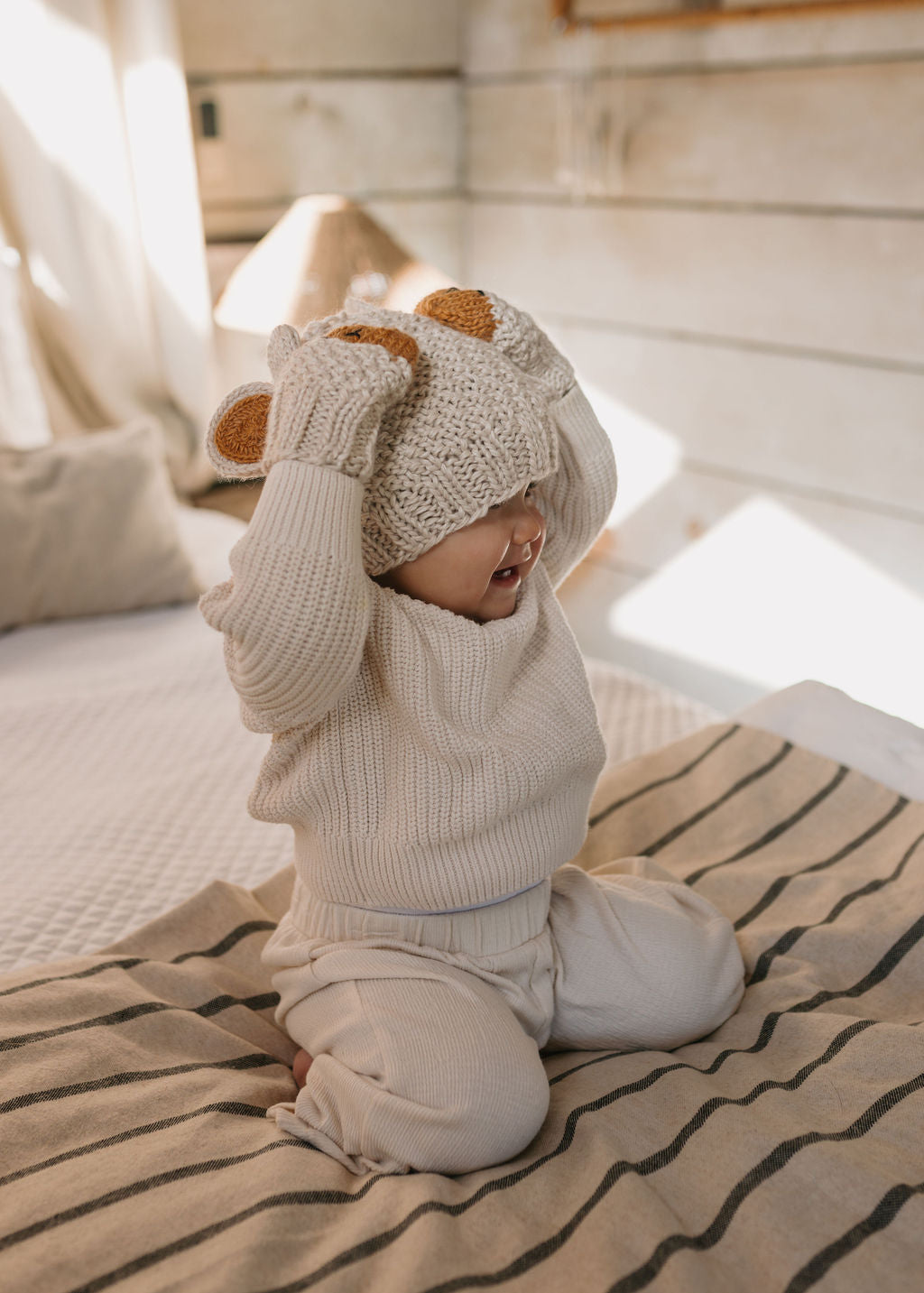 Bear Beanie Oatmeal – kids knitted beanie with cute bear face in soft wool blend – Acorn Kids