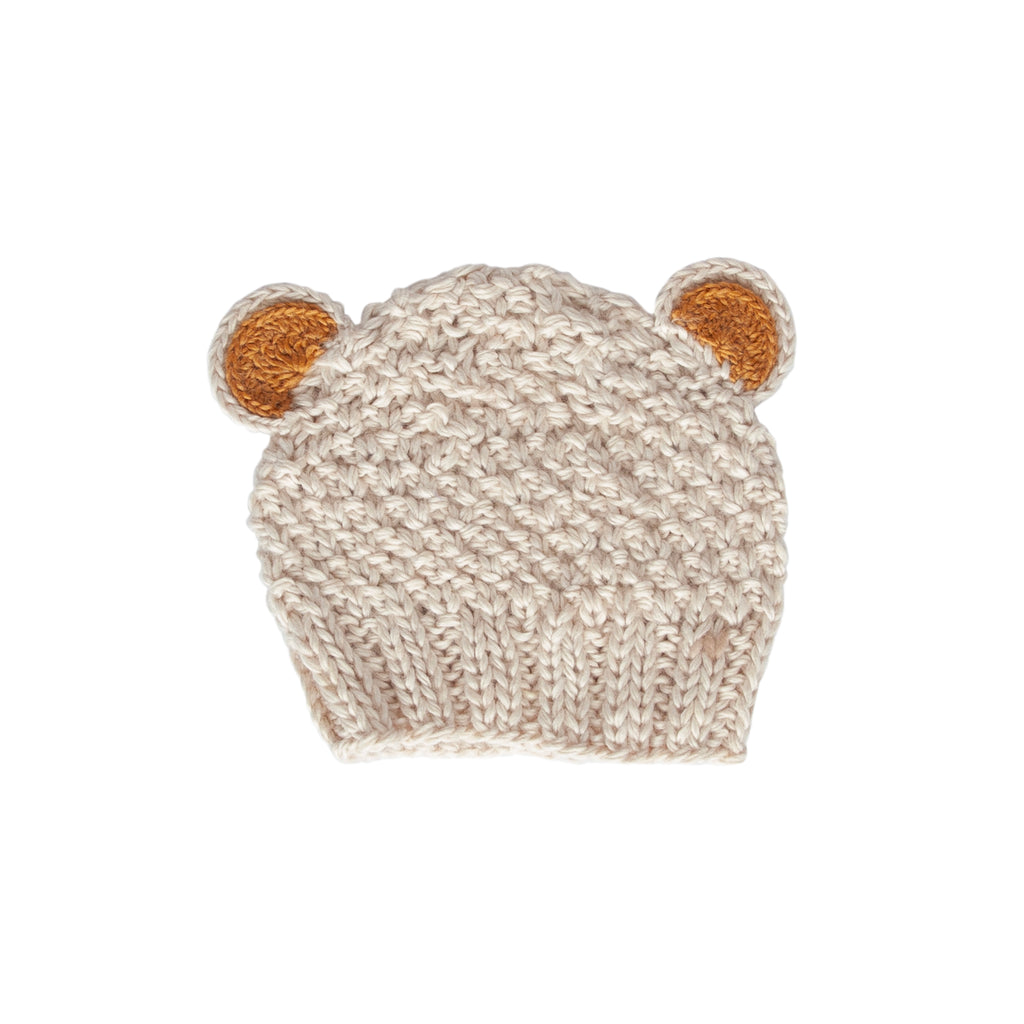 Bear Beanie Oatmeal – kids knitted beanie with cute bear face in soft wool blend – Acorn Kids