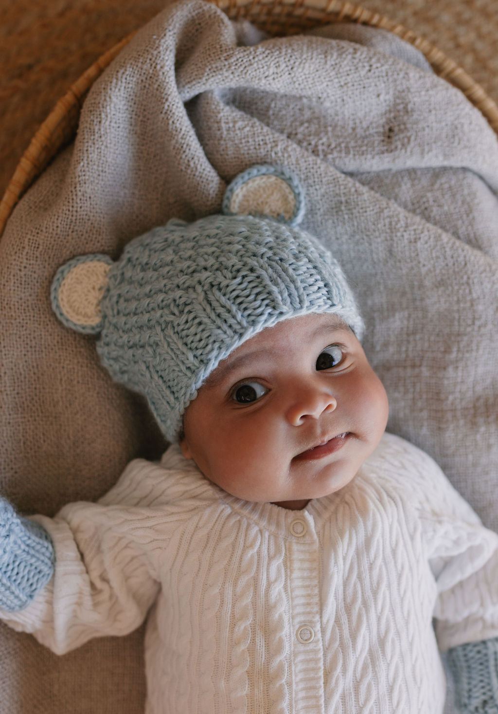 Bear Beanie Blue – kids knitted beanie with cute bear face in soft wool blend – Acorn Kids
