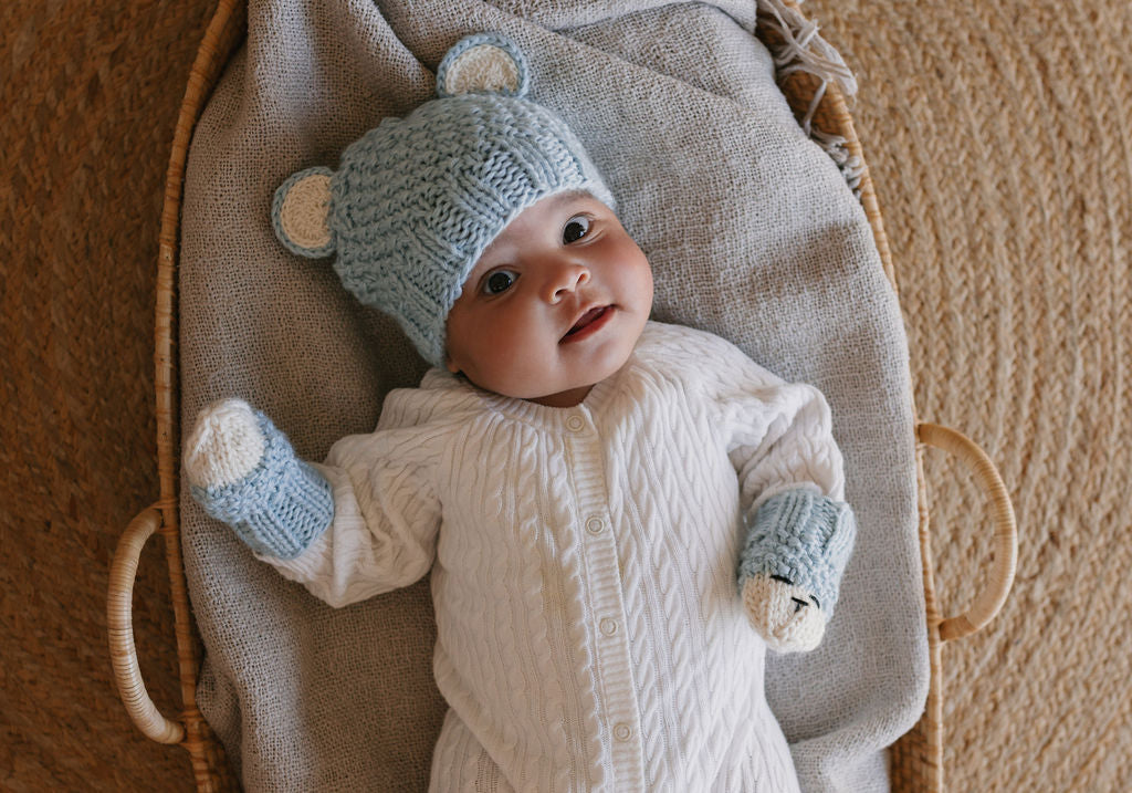 Bear Infant Mittens Blue – hand-knitted baby mittens with cute bear face in soft wool blend – Acorn Kids