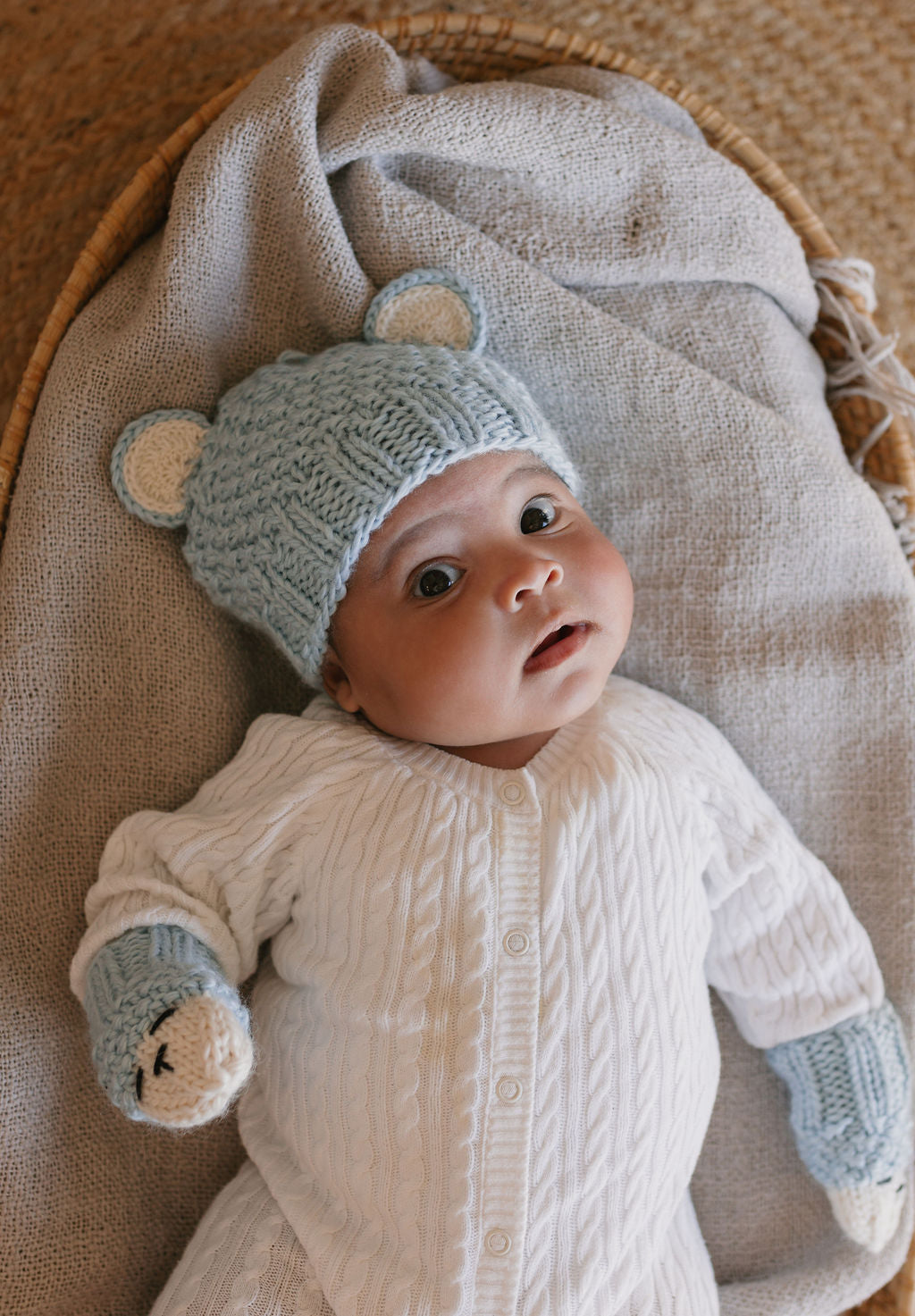 Bear Beanie and Mittens Blue – kids knitted beanie with cute bear face in soft wool blend – Acorn Kids
