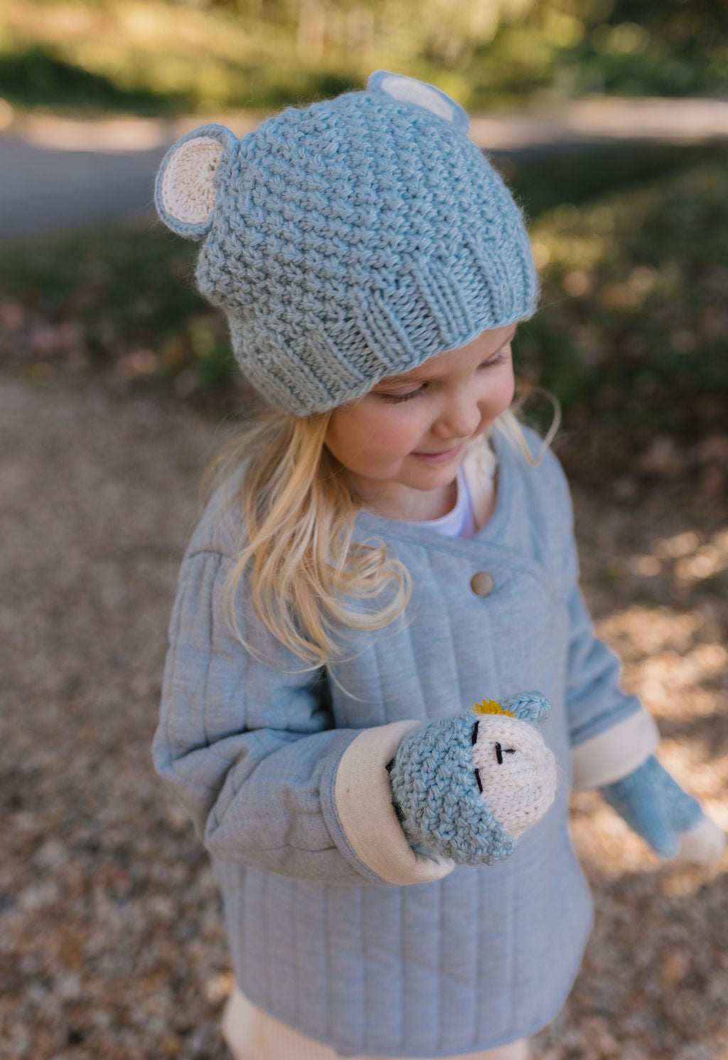 Bear Beanie Blue – kids knitted beanie with cute bear face in soft wool blend – Acorn Kids