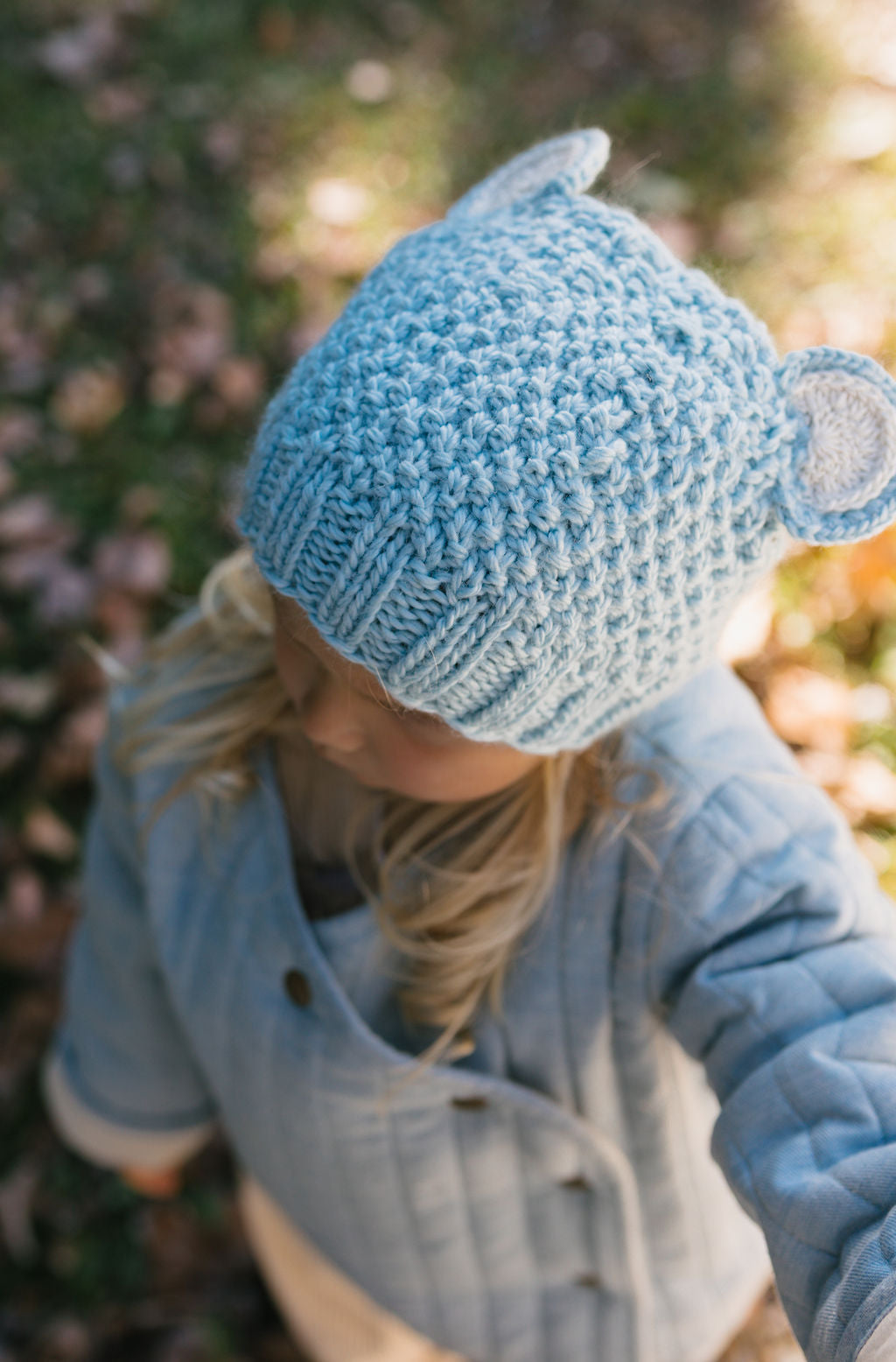 Bear Beanie Blue – kids knitted beanie with cute bear face in soft wool blend – Acorn Kids