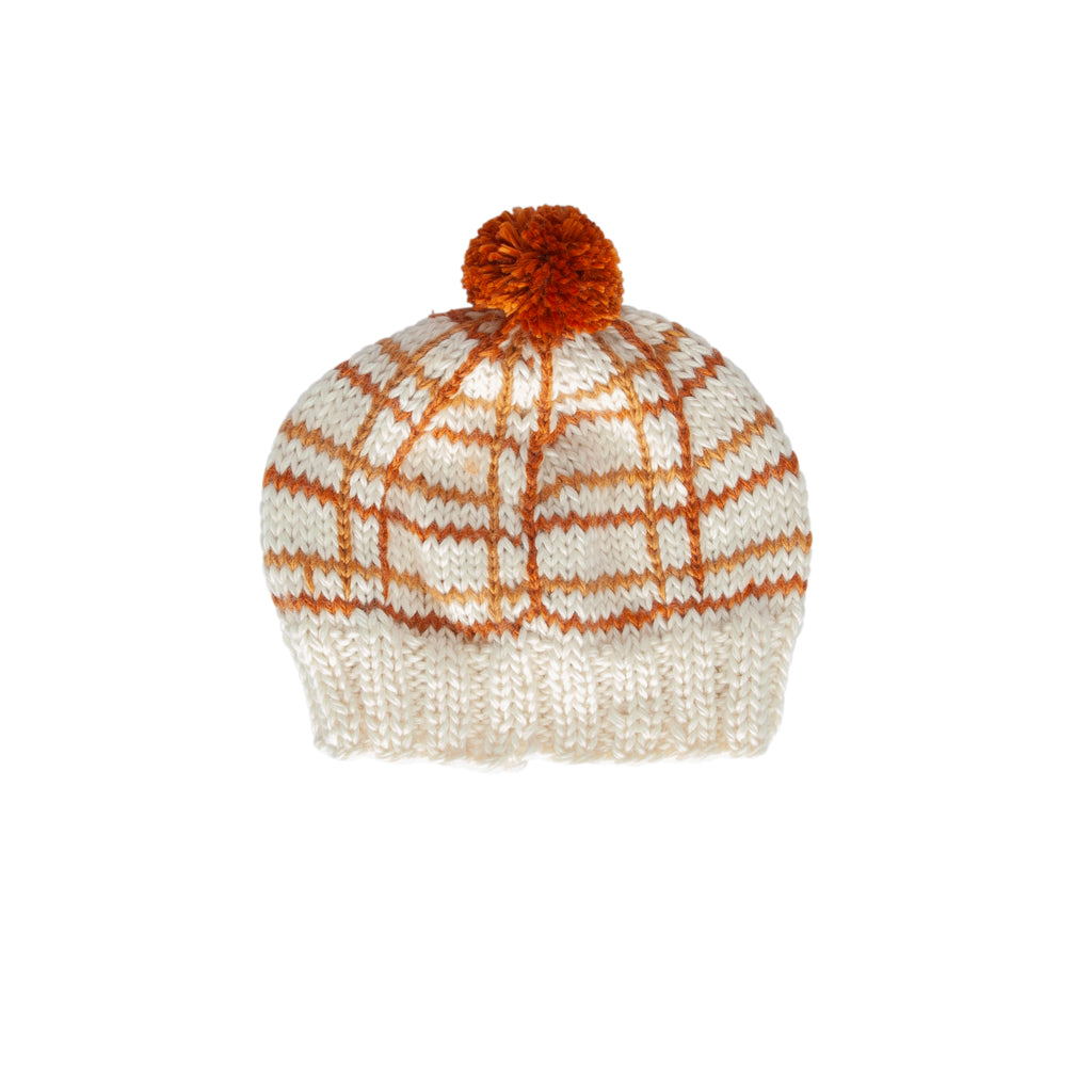 Crossroads Beanie Brown and Caramel – kids hand-knitted checked beanie with colourful pom pom in soft wool blend – Acorn Kids