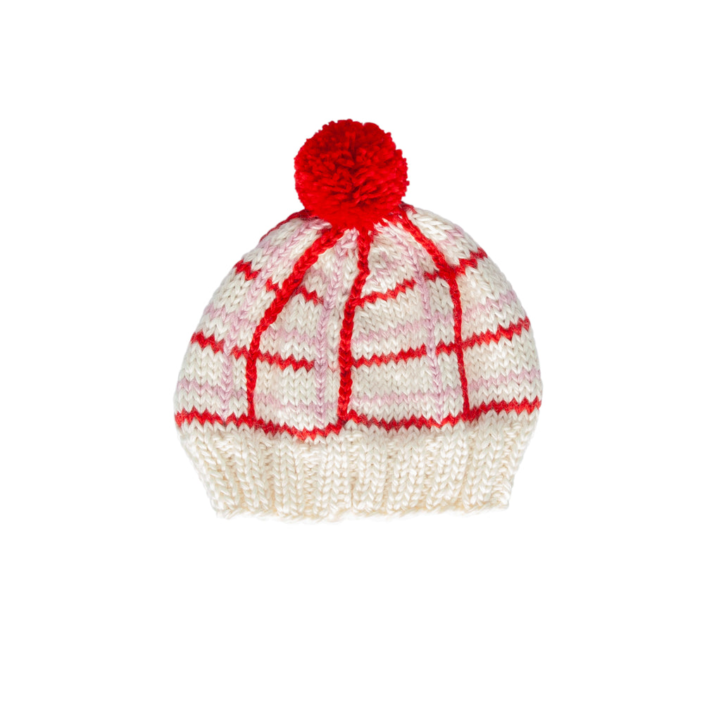 Crossroads Beanie Red and Pink – kids hand-knitted checked beanie with colourful pom pom in soft wool blend – Acorn Kids