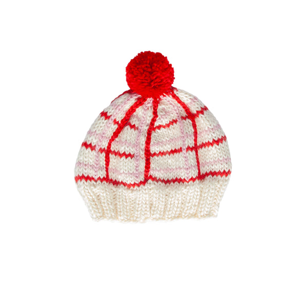 Crossroads Beanie Red and Pink – kids hand-knitted checked beanie with colourful pom pom in soft wool blend – Acorn Kids